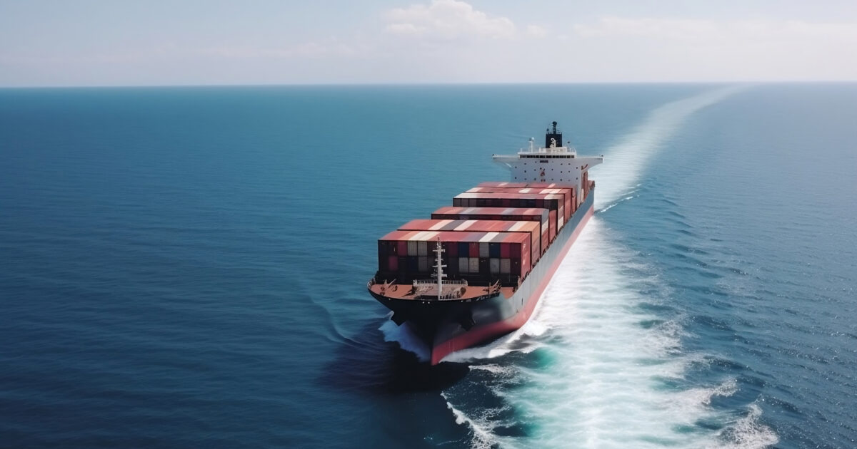 Big transport ship with containers with goods on the open sea ge
