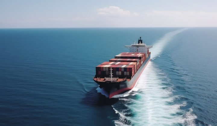 Big transport ship with containers with goods on the open sea ge